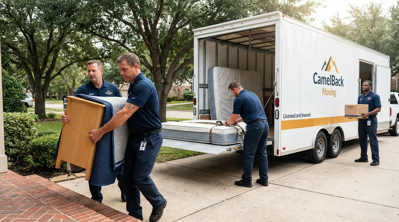 Crew loading residential truck for cross-state move from Sweetser, IN