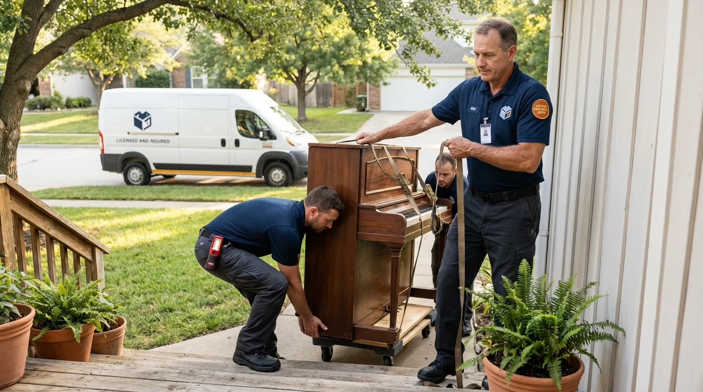 Licensed piano movers securing grand piano in Sweetser, IN