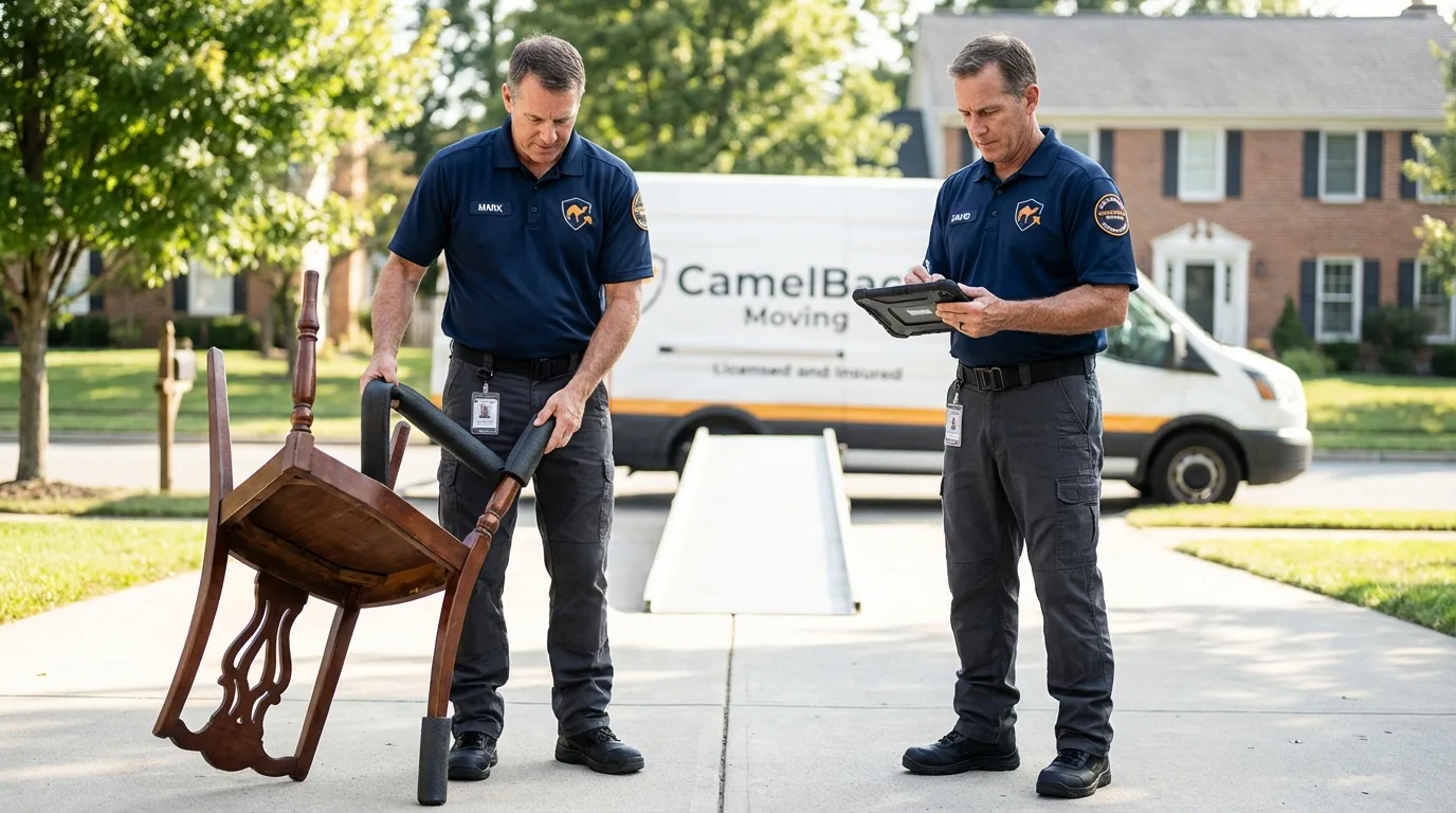 Movers inspecting furniture for damage prevention before loading in Sweetser, IN