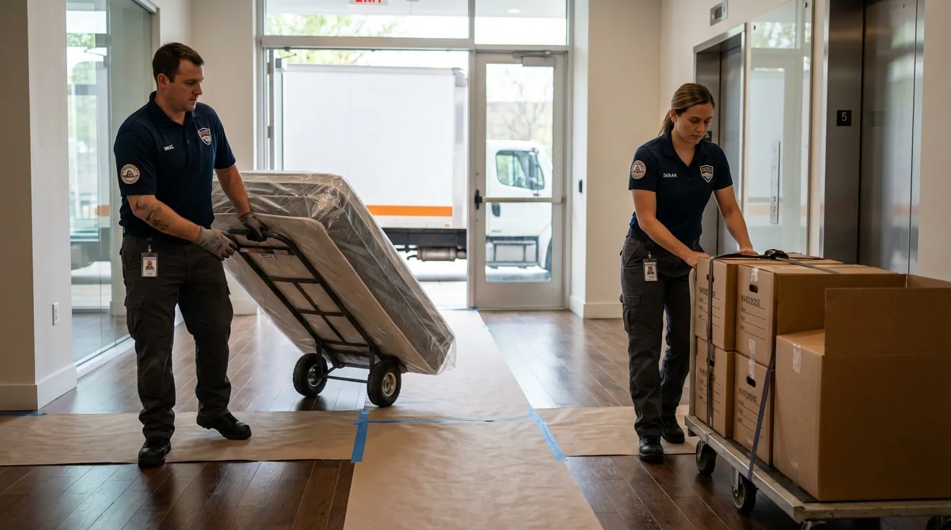 Professional apartment movers loading elevator in Sweetser, IN