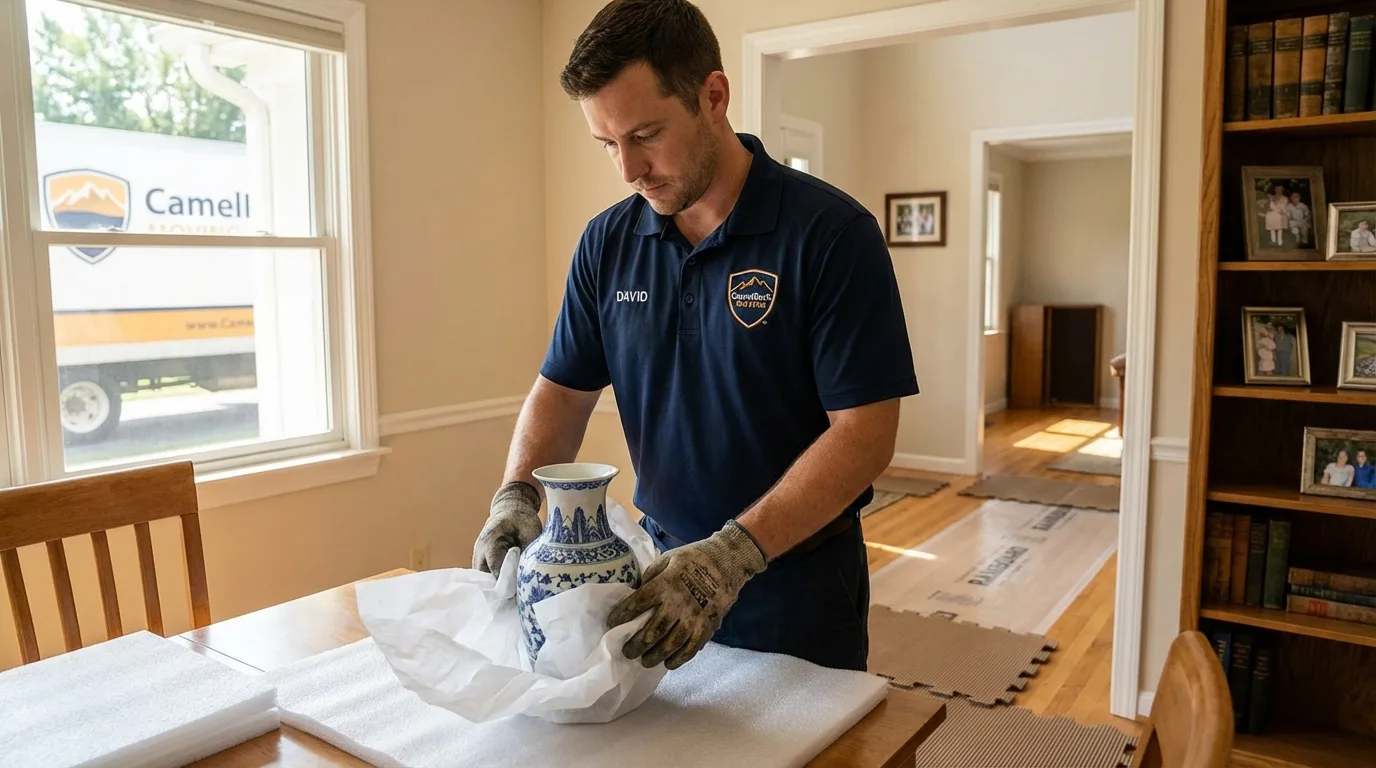 Professional crew carefully wrapping antique vase for senior downsizing move in Sweetser, IN